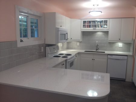 Grey Beveled Ceramic Tile Backsplash in Pink Kitchen - Ross Bay