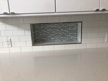Subway Tile Backsplash with Blue Glass Mosaic Niche Box - Saanich