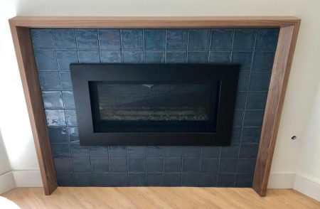Blue Tile Fireplace with MCM Wood Frame - Victoria