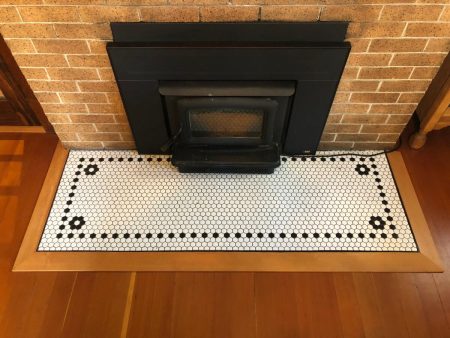 Hex Mosaic Tile Fireplace with Wood Frame and Wood Stove Insert - Victoria