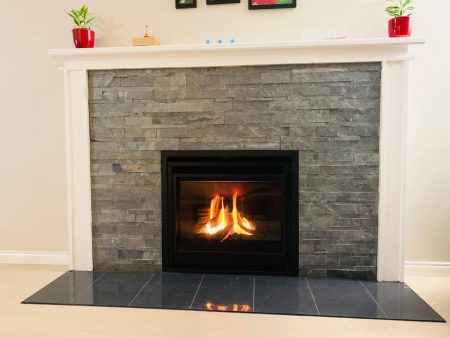 Ledgestone Fireplace with Grey Tile Floor and Gas Insert - View Royal