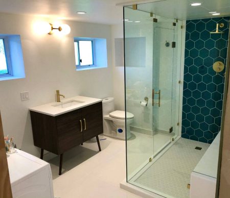 Blue Hexagon Tile with Brass Accents Steam Room - Window Boxes - Maplewood