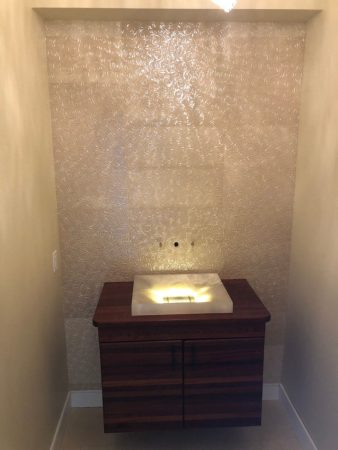 Gold Tile Powder Room with Backlit Stone Sink - Cadboro Bay