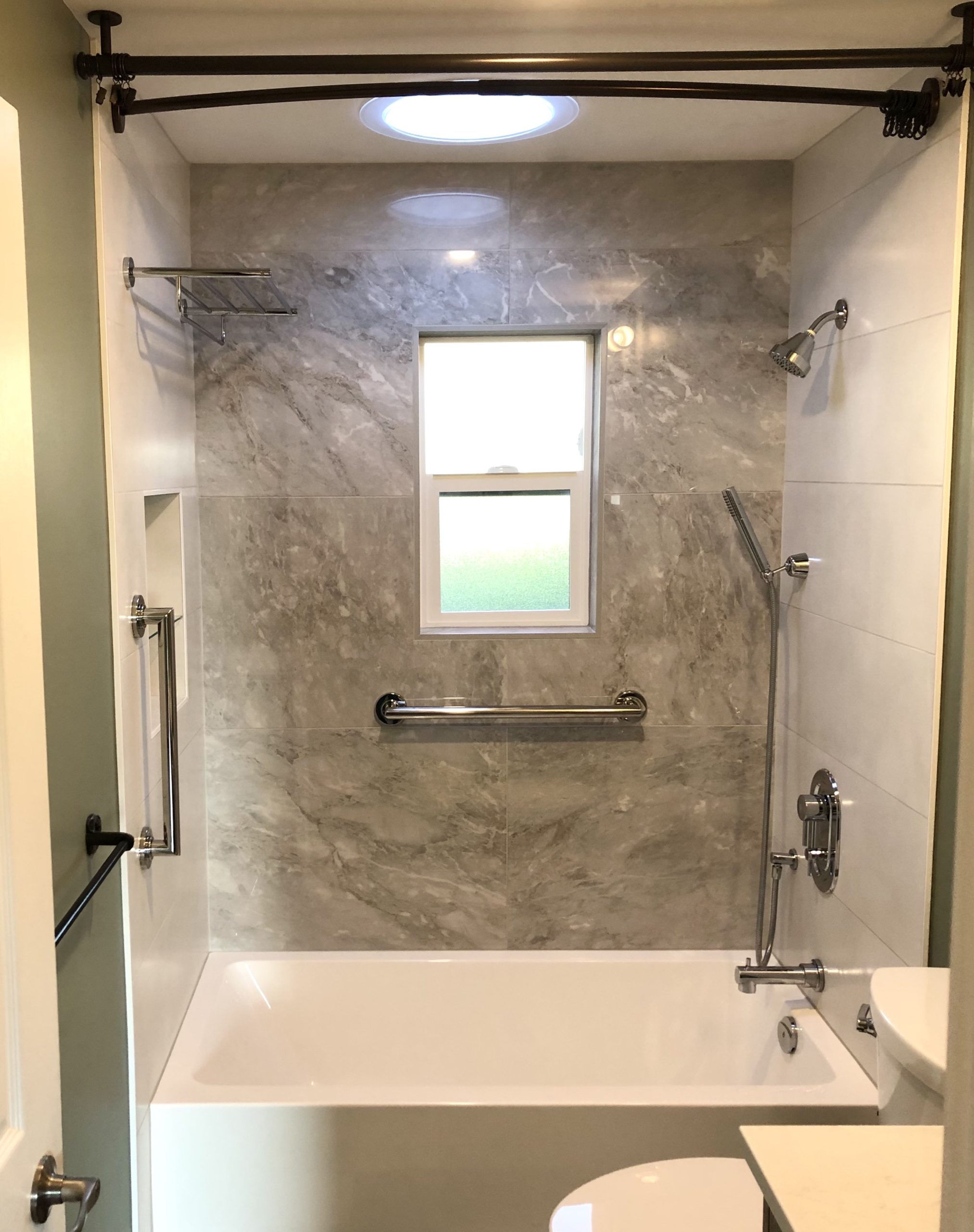 Large Panel 24x48" Tile Shower with Niche Box, Glass Shelf, Grab Bars, Towel Rack and Shower Curtain Bar - Maplewood